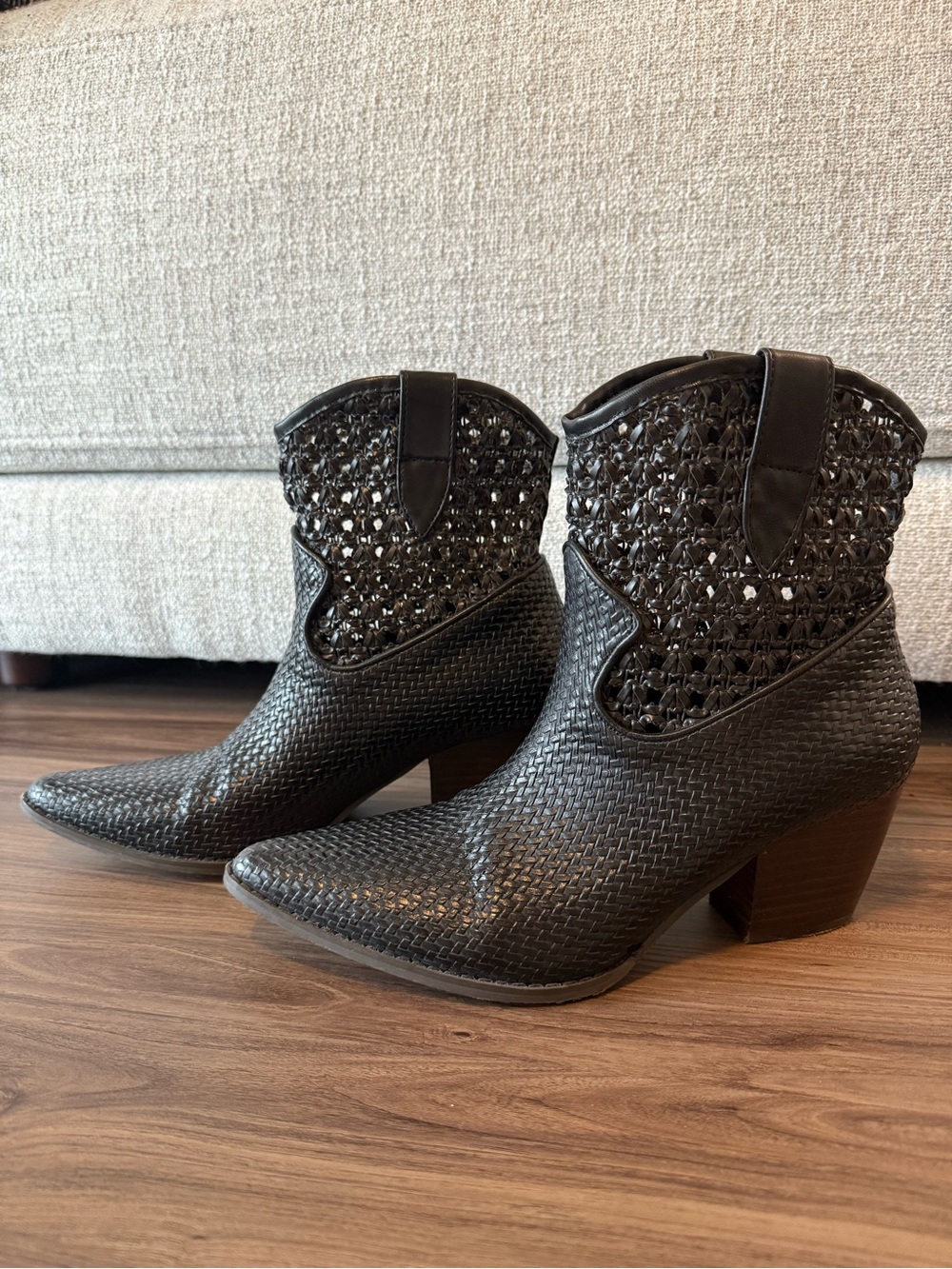 Black Woven Pointed-Toe Ankle Boots